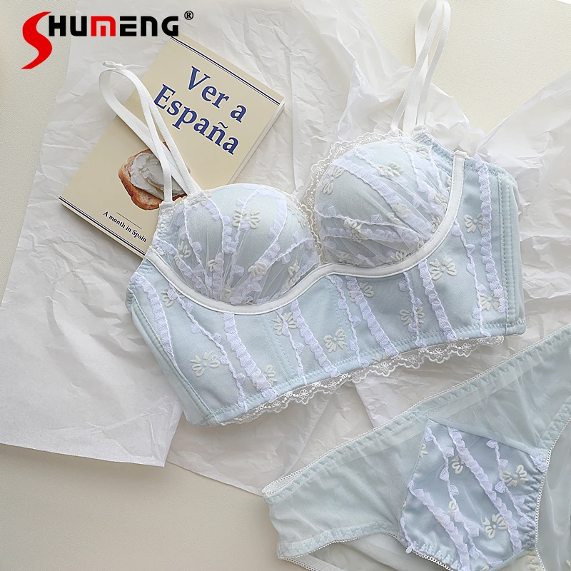 

French Embroidery Lace Sexy Intimates Women's Small Chest Push Up Bra Set Female Japanese Adjustment Wireless Brief Suits
