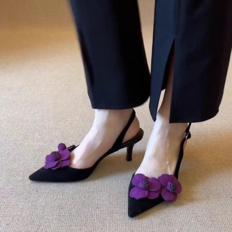 Женская Обувь Pointed Toe Three-dimensional Flowers Beautiful Sandals Women's Outer Wear Stiletto Heel Back Trip Strap Sandals