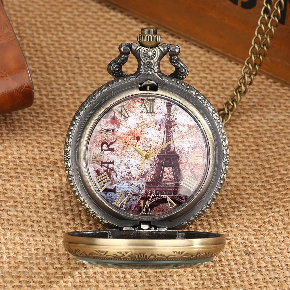 Elegant Retro Transparent Glass Cover Bronze Quartz Pocket Watch Exquisite Dial Men Women with Necklace Watches