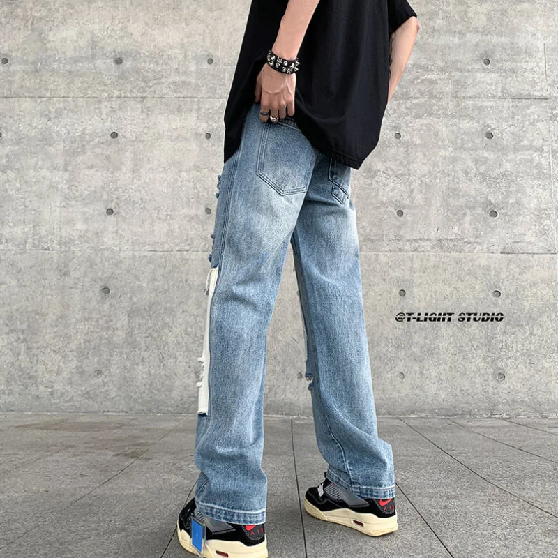 Casual Hip Hop Men's Cotton Straight Leg Ripped Jeans American High Streetwear Loose Baggy Long Denim Pants Youth Patchwork Pant