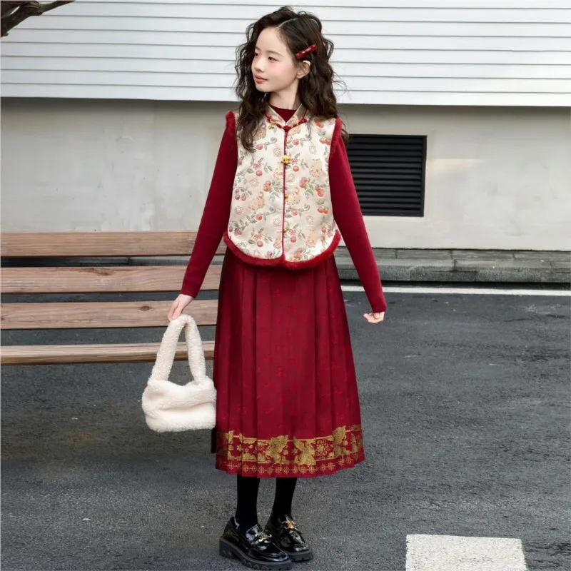 

Girls' Hanfu Sweater Embroidered Vest Horse Face Skirt Children's New Chinese New Year Set Winter Red New Year Clothes Set LJ283