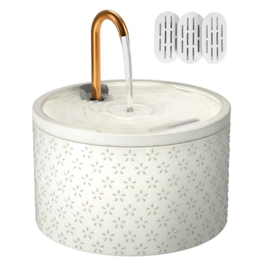 

Ceramic Cat Water Fountain - 2.1L/71oz - Firework Embossed All-Ceramic Body Pure Copper Spout - Non-Toxic Automatic Pet Drinkin