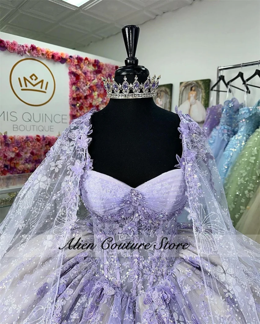 Lavender Purple Quinceanera Dresses Butterfly Appliques Ball Gown 2024 Birthday Party Gowns Cape Vestidos De 15 Customized