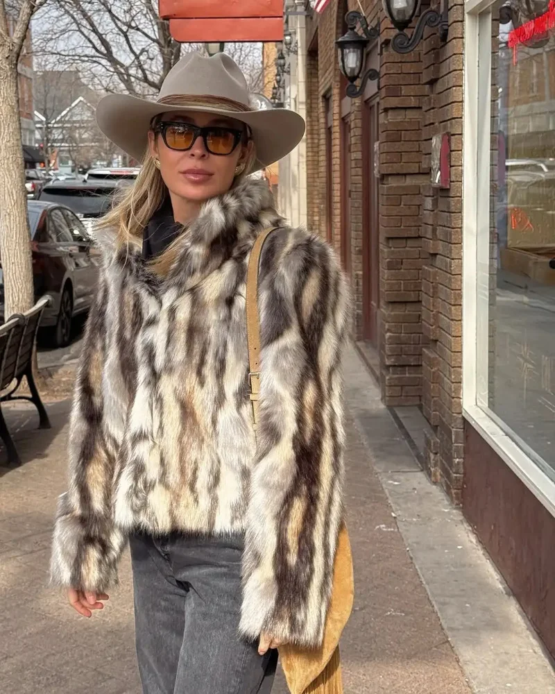 ETJ 2025 winter women's new fashion animal print natural color imitation fur standing collar jacket warm short coat