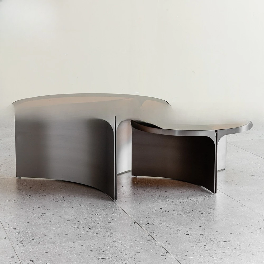 طاولة قهوة زجاجية مستديرة بنية إيطالية بسيطة، مجموعة طاولة شاي من الفولاذ المقاوم للصدأ قابلة للإزالة #4