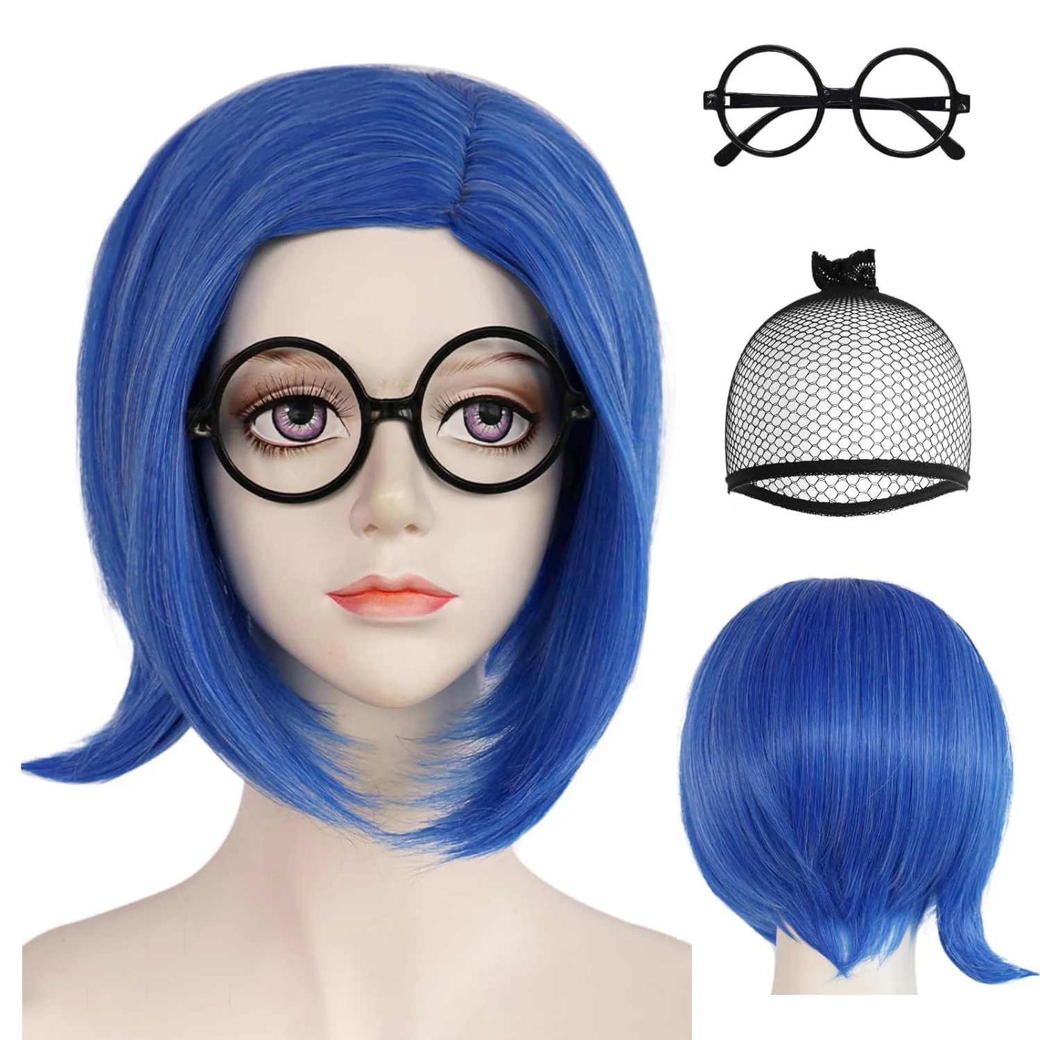 

Sadness Blue Bob Wig and Black Glasses Disgust Wig Joy Wig Synthetic Anime WIgs for Women's Costume Cosplay Halloween Party Use