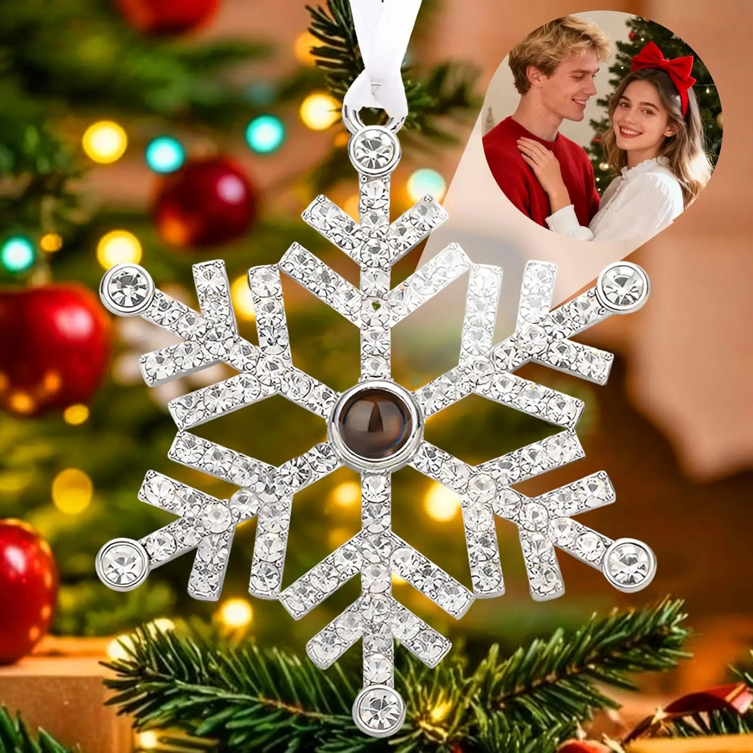 

Персонализированное рождественское украшение с изображением внутри, индивидуальный кулон-подвеска в виде снежинки для пары рождественской елки