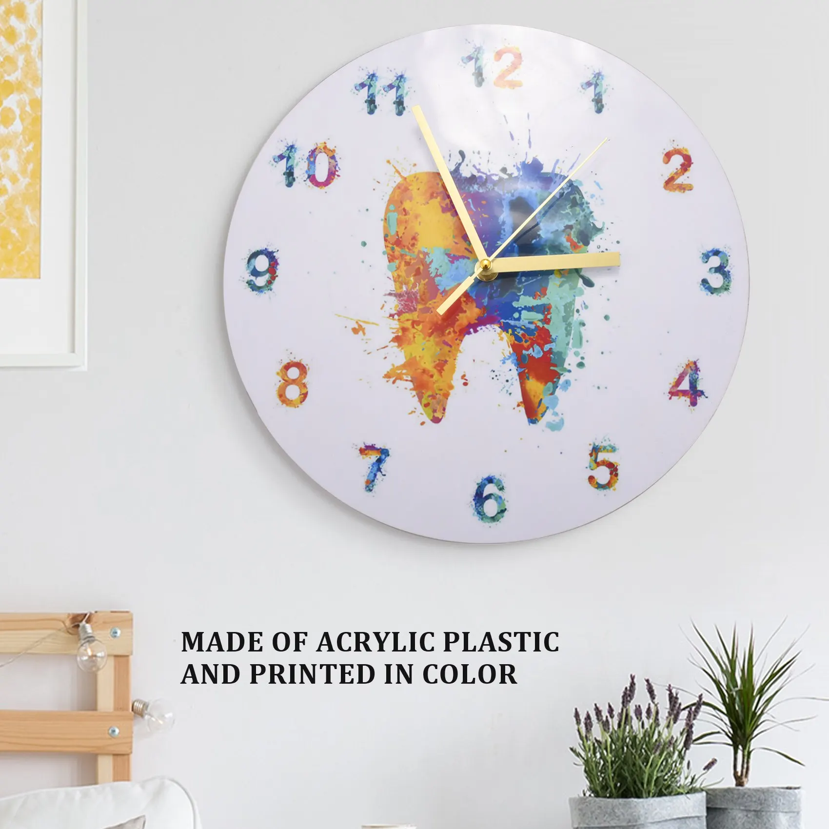 Watercolour Tooth Painting Print Wall Clock Dental Clinic Wall Art Non Ticking Wall Watch Orthodontist Dentist