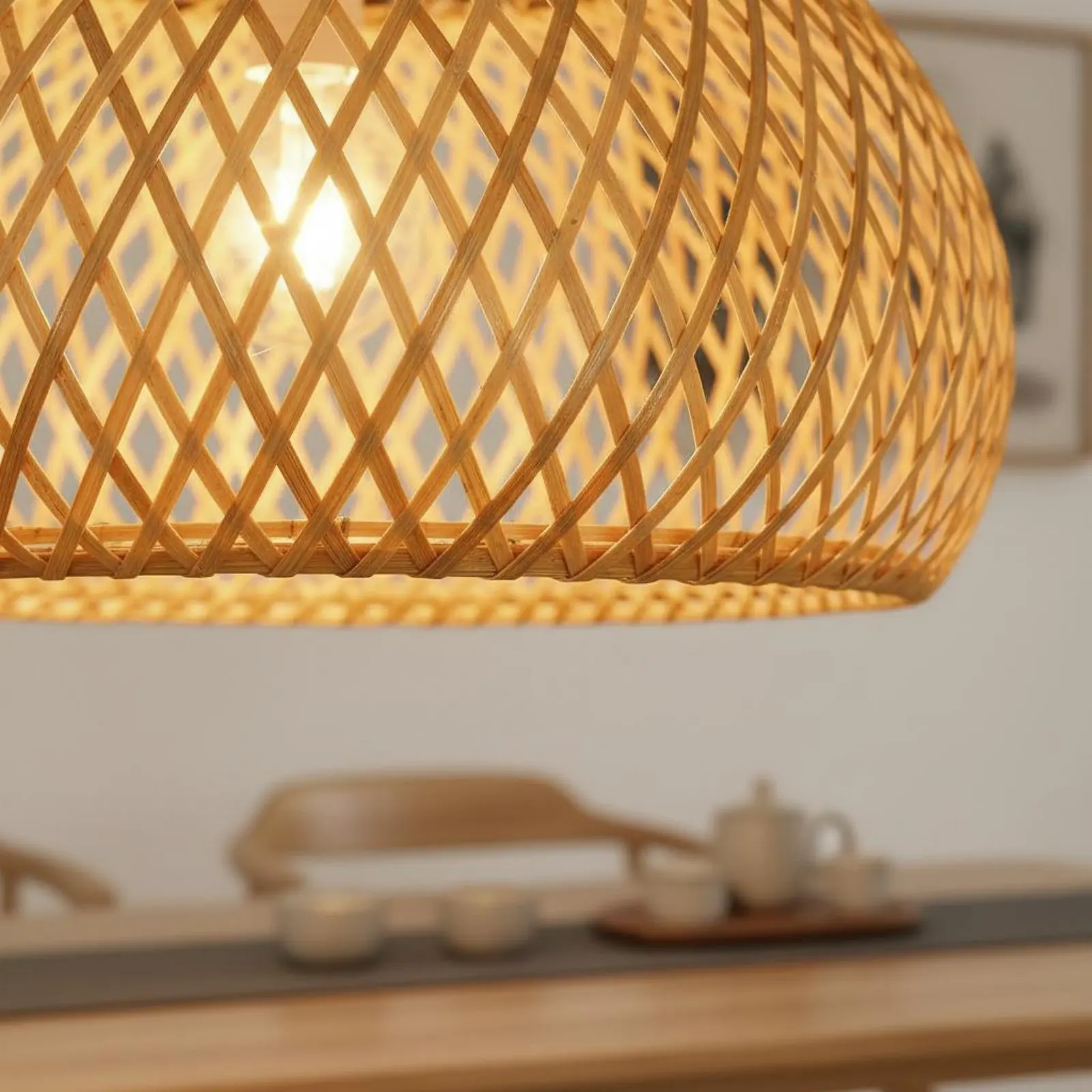 

Chinese Design Hanging Lamp Natural Material Woven Bamboo Lampshade Bamboo Hanging Lamp Artistic Design for Restaurant, Tea Room