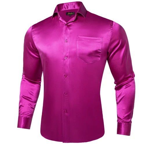 Camisa de satén liso para hombre, camisas de manga larga moradas, azules, negras, rojas y verdes con cuello abotonado, camisas de vestir sociales para boda y graduación