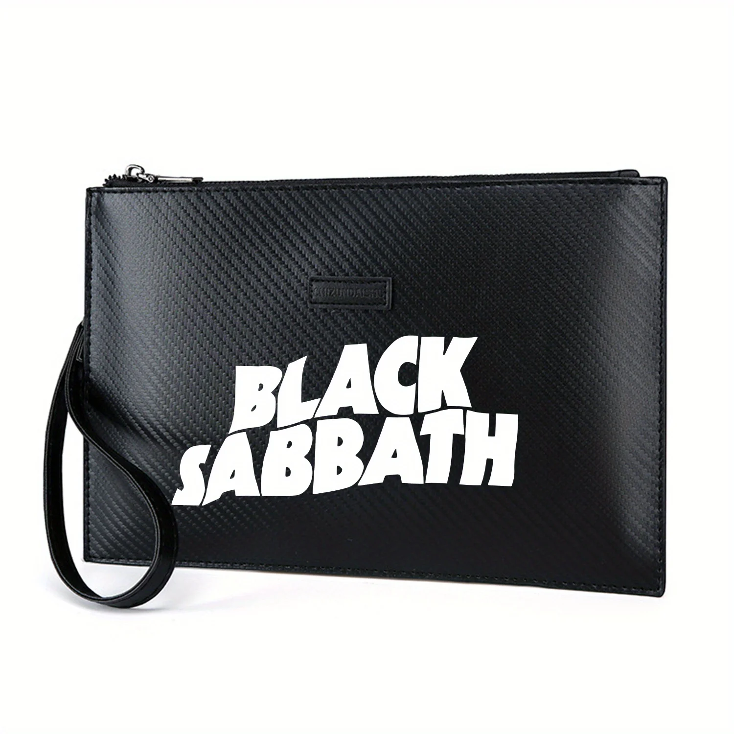 حقيبة يد رجالية من البولي يوريثان مطبوعة بأحرف بيضاء وجريئة وشعار فرقة السبت الأسود، عصرية وعملية للحمل اليومي #1