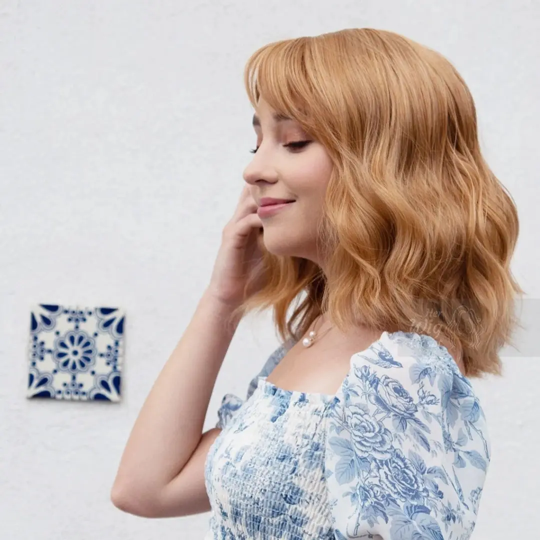 

Shoulder Bob Deep Wave Made Fashion Lace Wigs With Bangs Honey Blonde Colored Synthetic Wigs Cosplay Futura Fiber For Women Wear