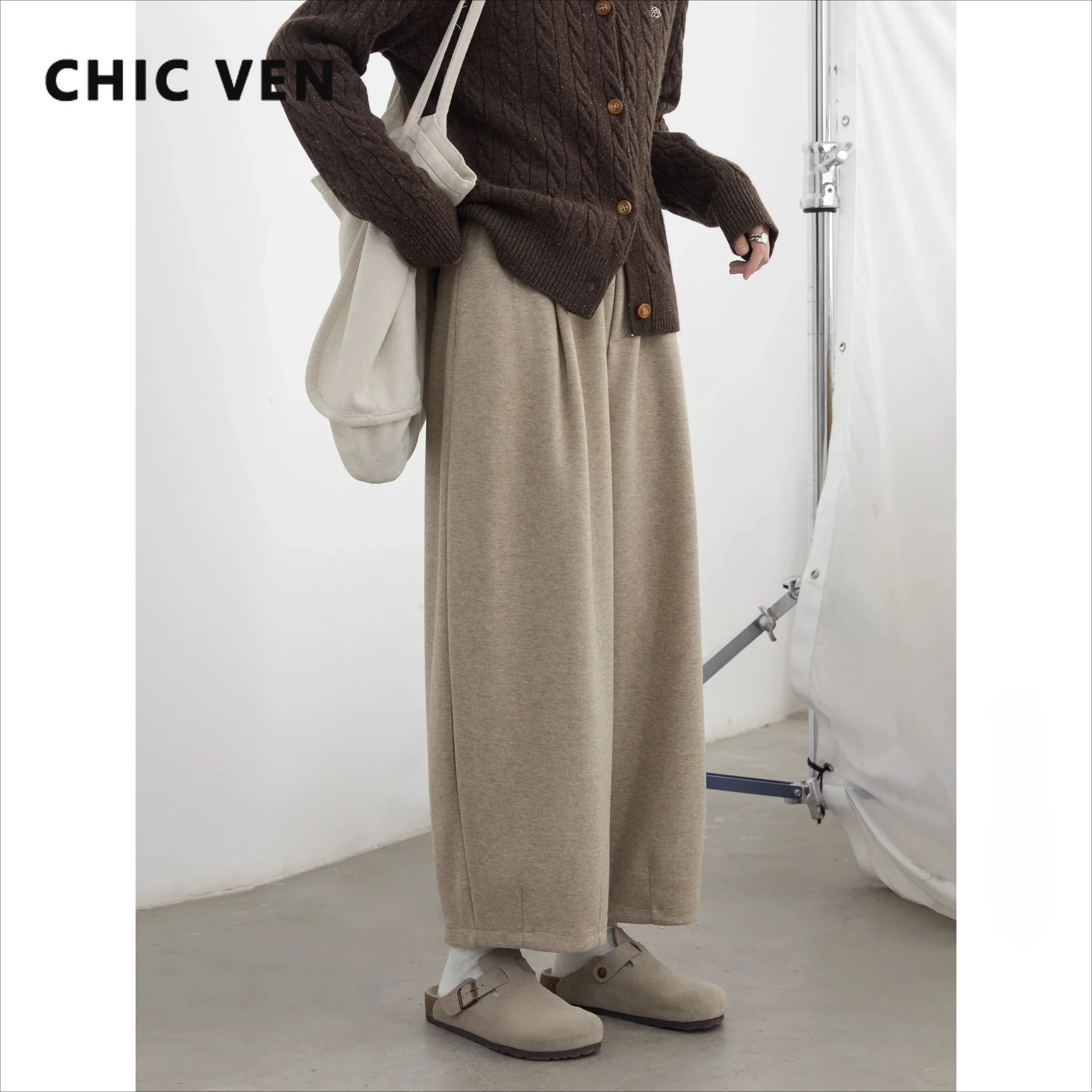 

CHIC VEN Women Pants Loose Casual New Elastic High Waisted Wide Leg Casual Pant Ankle Length Female Trousers Autumn Winter 2024