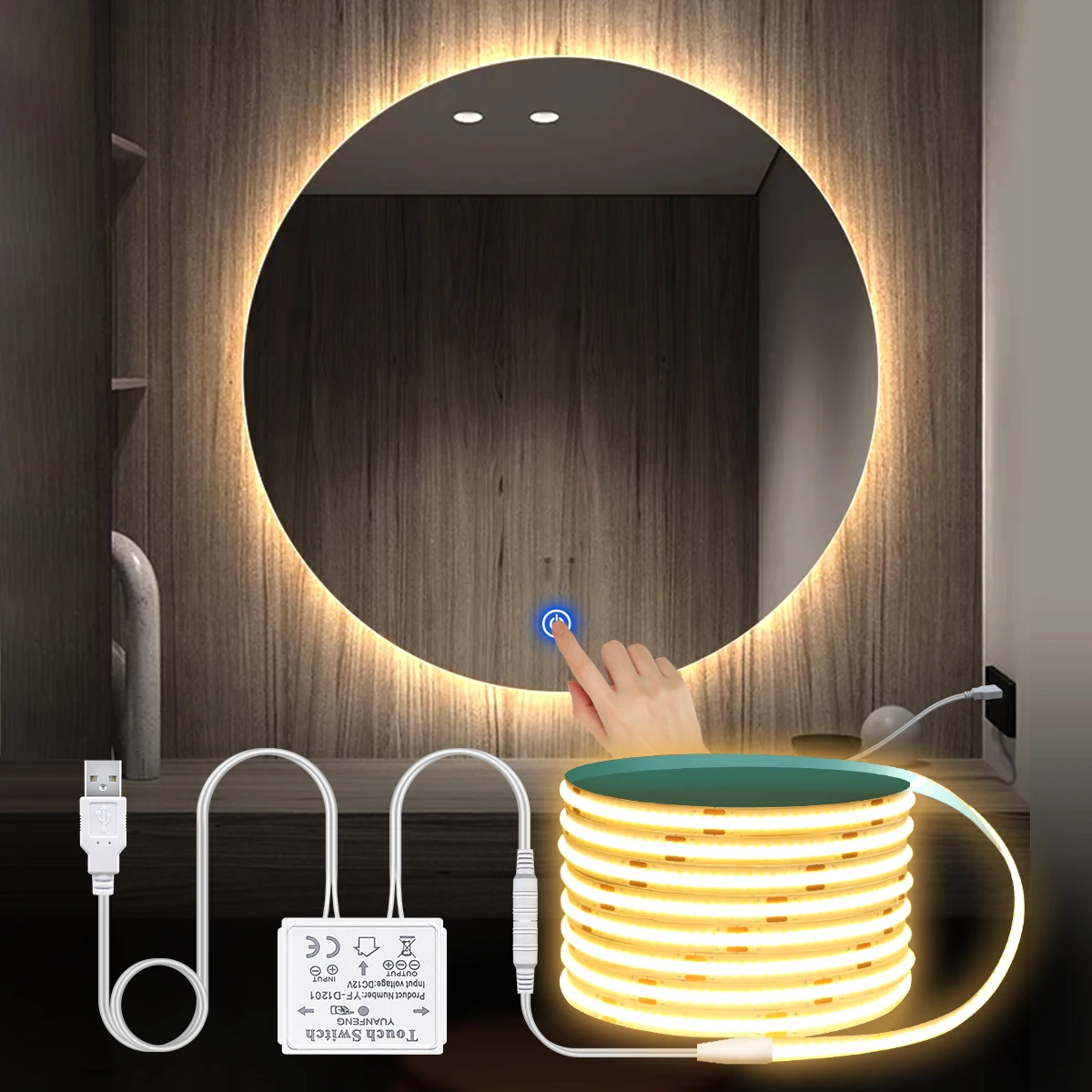 תאורת רקע למראה איפור COB 5V USB רצועת LED פנטרט מראה מגע מתג חיישן ניתן לכווץ תאורת מראה לחדר האמבטיה