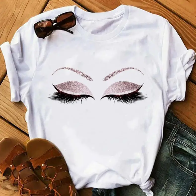 Beauty Aesthetic Eyelashes Prints T-Shirt Women Princess Makeup Art Rose Gold Plus Size Casual Kawaii 90s Tees