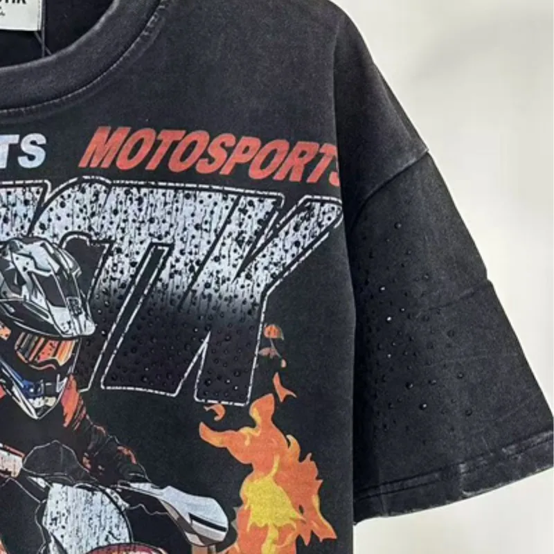 Vintage Distressed Black MAJESTIK Tshirts Rhinestone Letter Flame Racing Motorcycle Graffiti Print Short Sleeve Men Women Outfit