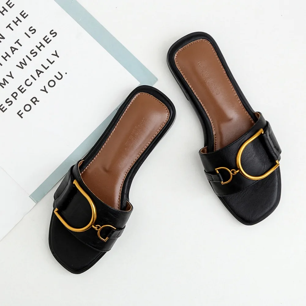 Women's Flat Slippers Summer Leather Square Toe Women Flats Flip Flops Designer Ladies Slides Sandals Women Shoes Luxury Sandals image 3