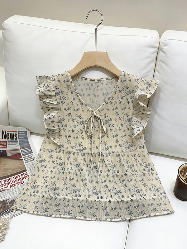 

Large Size Summer 2026 V-Neck Drawstring Sleeveless Chiffon Tops Women's Versatile Breathable Floral Single Tops