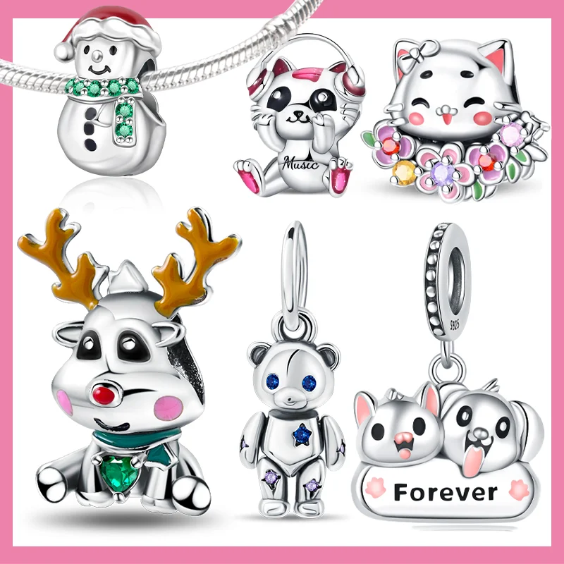 

925 Sterling Silver Rose Gold Flying Pig Rabbit Cat Elk Charm Beads Fit Original Bracelet for Women DIY Fine Jewelry Gifts