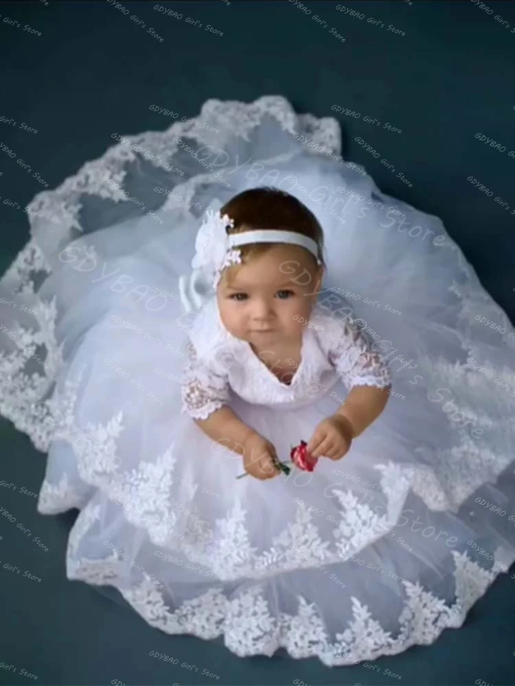 

Baby Girls Party Dress Toddlers 2 Piece Set Christening Dress Bonnet With Bow Lace Applique Birthday Baptism Gown Custom Made
