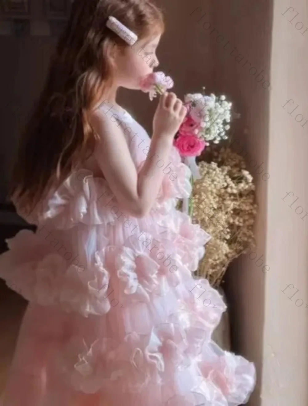 Customized Blush Pink Halter Kids Tulle Dress Sleeveless Multi Layer Ruffle Petal Skirt Toddler Girls for Birthday Party Wedding