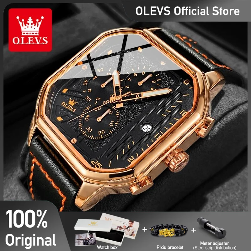 OLEVS 9950 Mens Watch Original Top Brand Square Quartz Wristwatch Waterproof Leather Strap Sport Clock Male Reloj Watch For Men