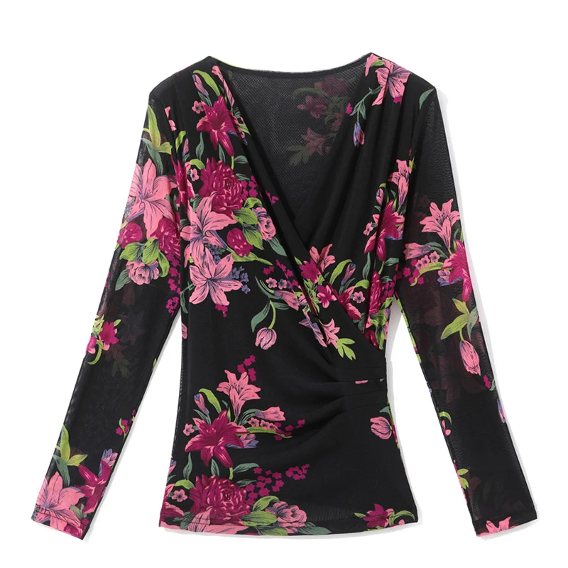 ใหม่ 2025 ฤดูใบไม้ผลิฤดูใบไม้ร่วงแขนยาวVคอตาข่ายElegant Slimพิมพ์ความยืดหยุ่นสูงผู้หญิงเสื้อยืดเสื้อผ้า