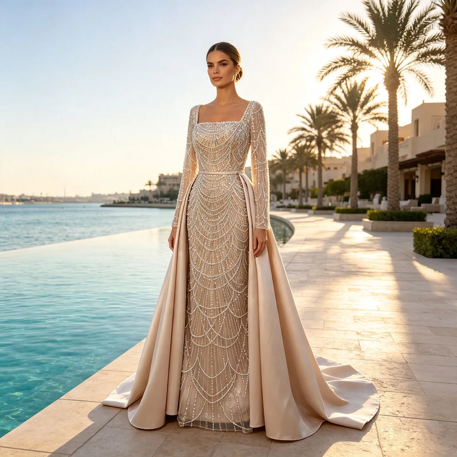 Eshaut&bridal Luxuriöses Abendkleid mit Perlen, abnehmbarer Schleppe, langen Ärmeln, formelles Ballkleid, Hochzeitskleid, Robe De Soiree, individuell anpassbar