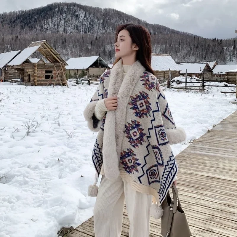 

Куртка-пончо в этническом стиле, женская повседневная теплая накидка, верхняя одежда, осень-зима, винтажная женская жаккардовая вязаная шали и накидки, плащ, пальто