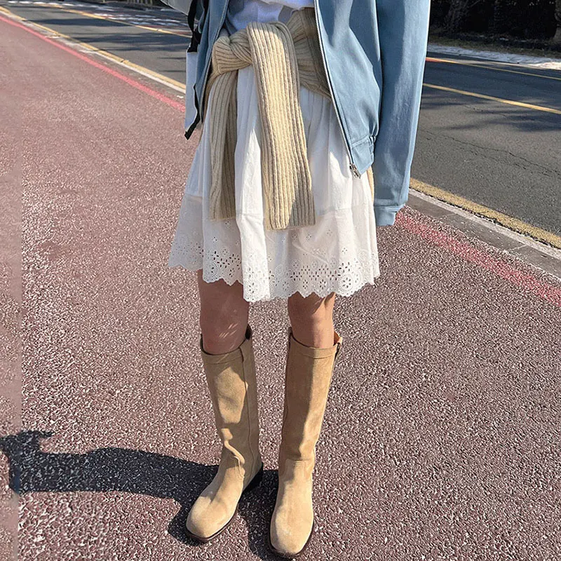 Chic High Waist Lace Hollow out A-Line  Skirt ort Skirt Sweet Youthful Slimming Splice Spring Season Women's Faion