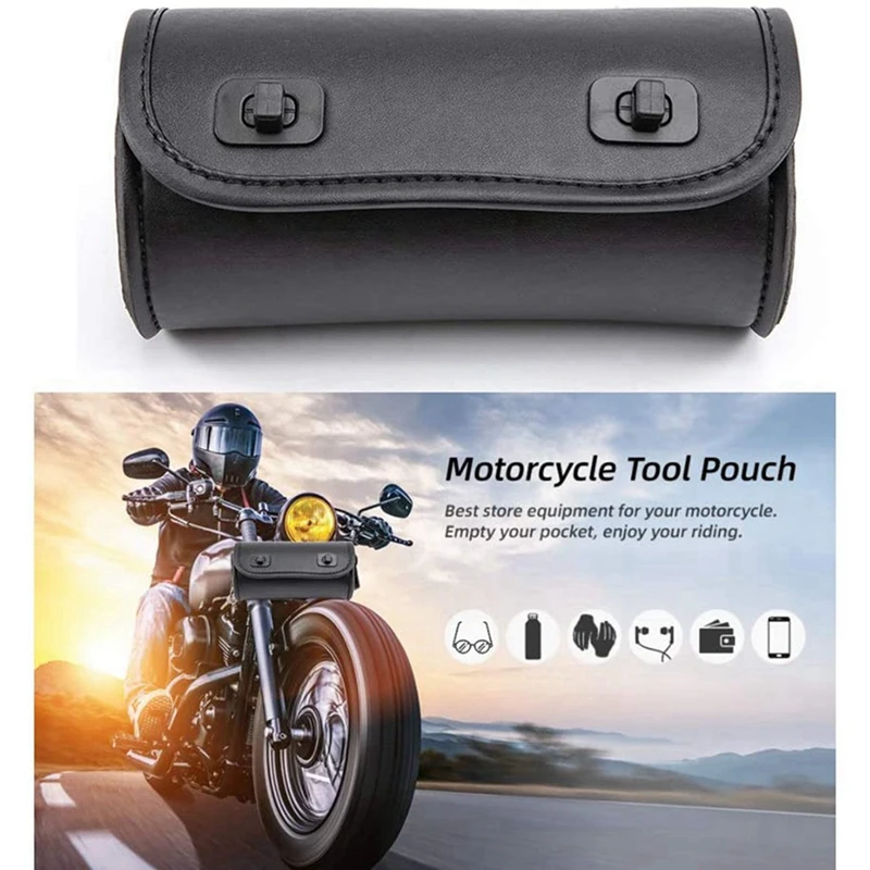 2X Motorcycle Fork Bag PU Leather Handlebar Tool Pouch Sissy Bar Roll Storage Bag Saddle Bag With 2 Straps, Universal