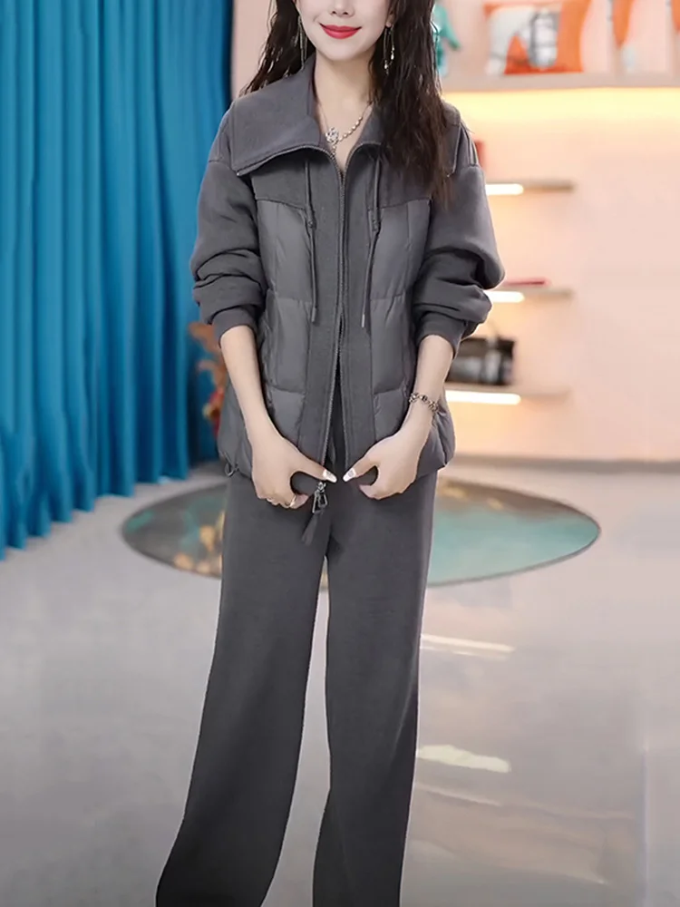 

Gray Casual Sports Set for Women Thickened Fleece Warm Autumn Winter New Style Two Pieces Suit Mother Fashion Outerwear Pants