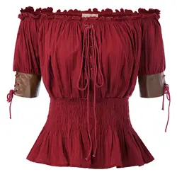 Blusa victoriana Steampunk para mujer, camisa de media manga con hombros descubiertos, estilo bohemio, Medieval, con cordones, cintura ahumada, Verano