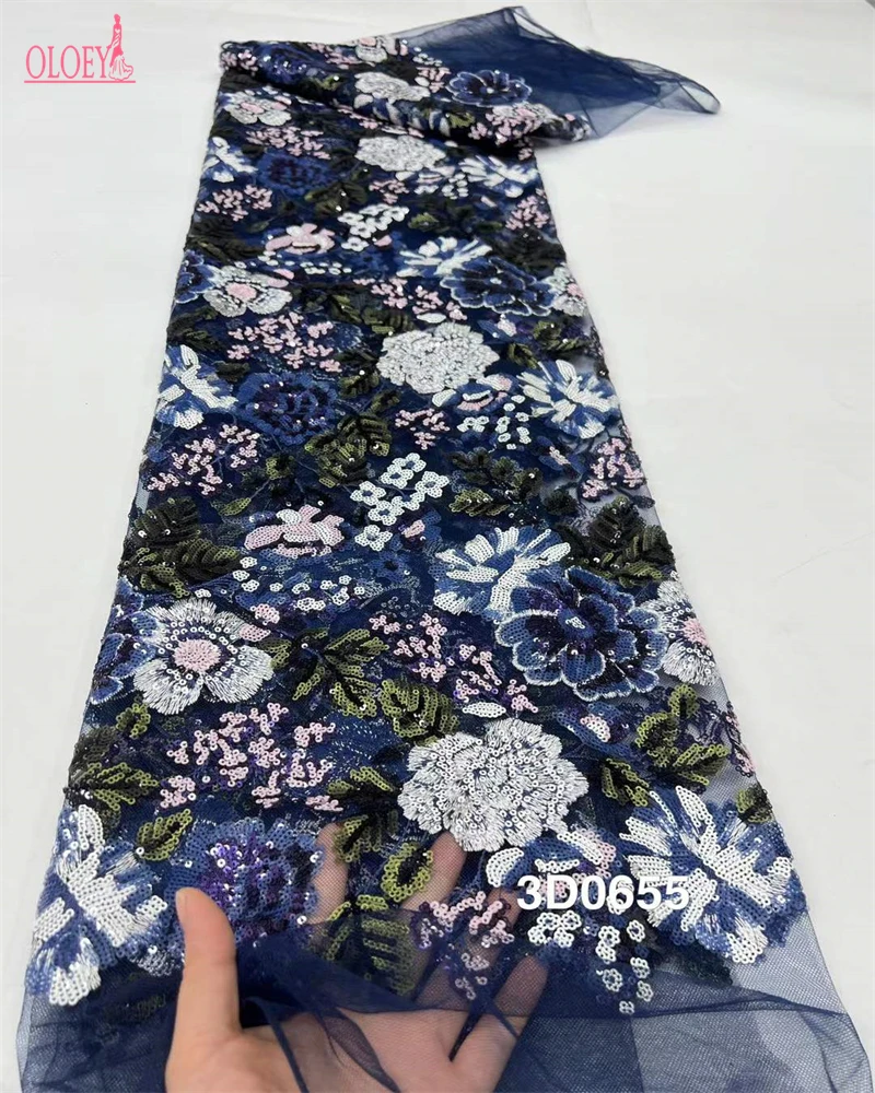 Fashion Elegant French Embroidery Beaded Lace Fabric African Nigerian With Sequins Fabric For Wedding Dress
