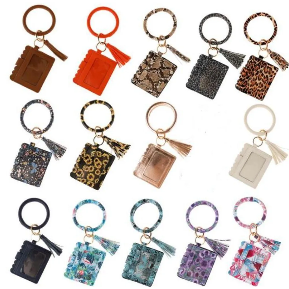 PU Leather Bracelet Keychain Wallets Credit Card Tassels Bangle Key Ring Holder Wristlet Handbag Lady Accessories