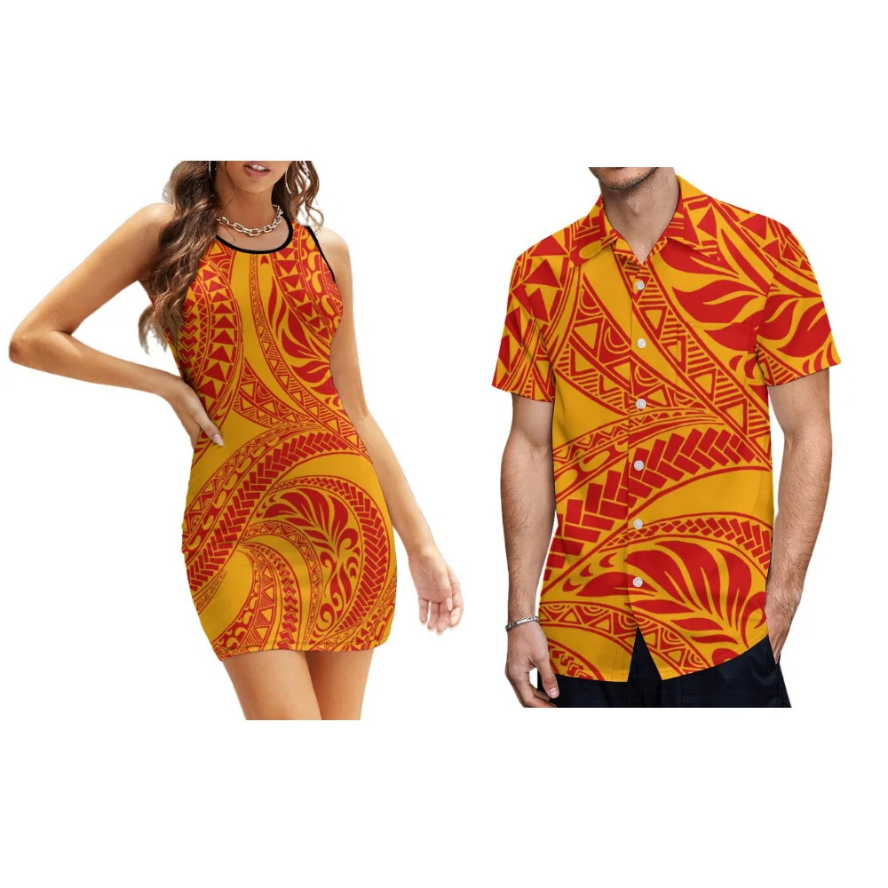 Hawaiian Vacation Sleeveless Sexy Sheath Dress Couple Set Polynesian Summer Beach Women Dress Men Shirt