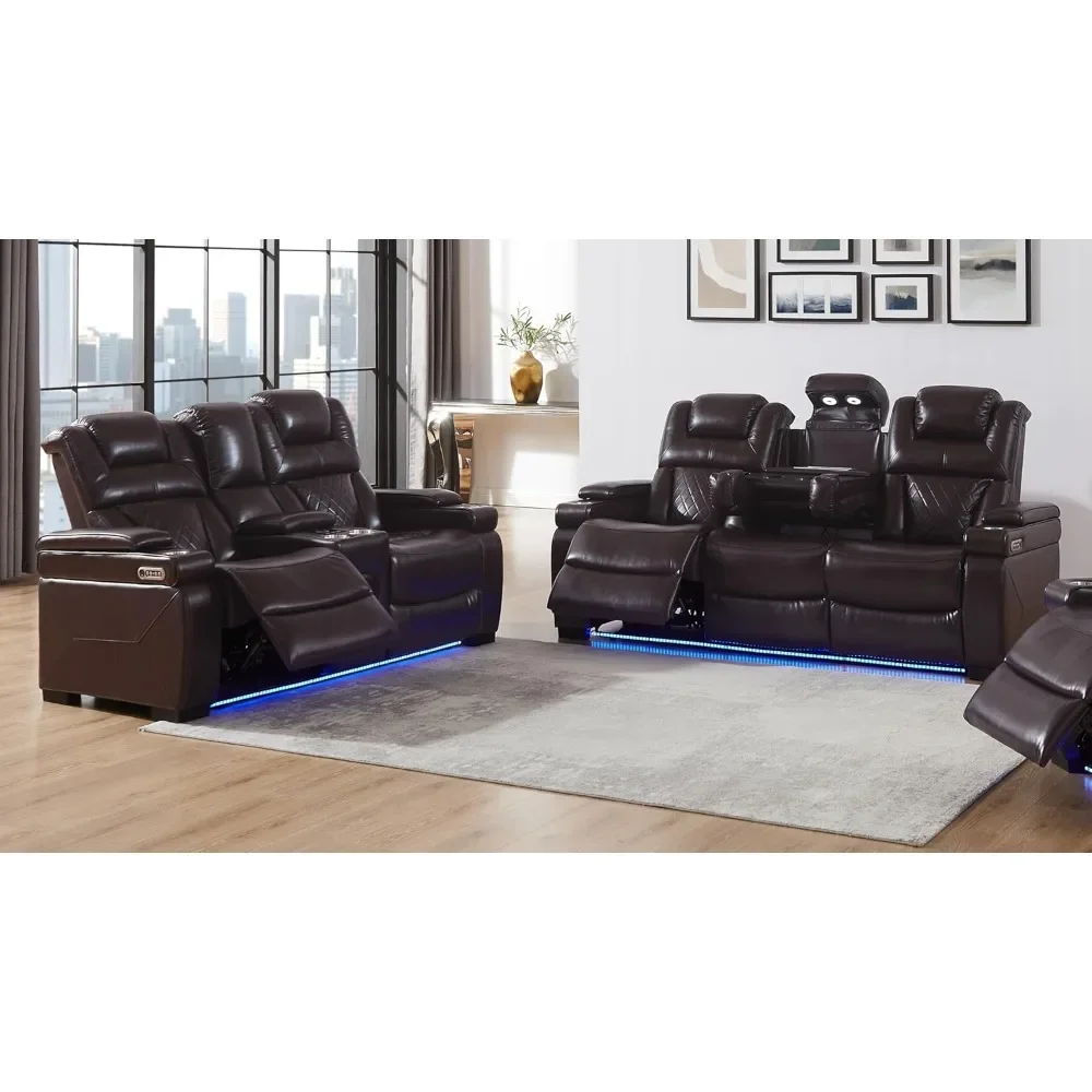 Power Breathable Leather Reclining Sofa and Loveseat Set with LED Light, Home Theater Seating Recliner sofas