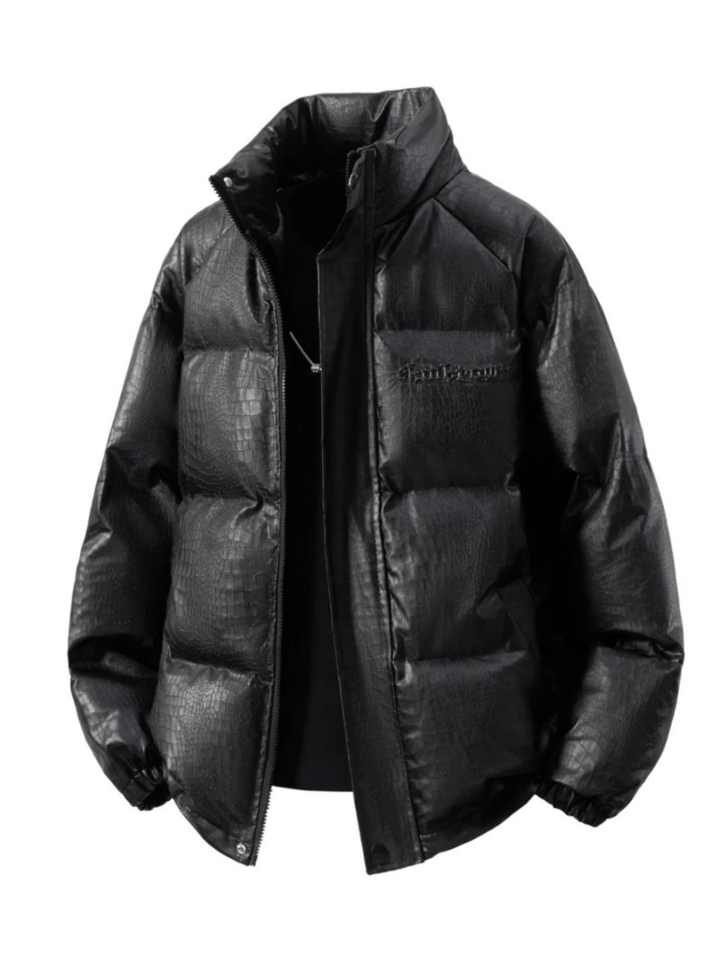 

American Sle PU Leather Crocodile Pattern down Cotton Jaet Men's Winter Thiened Windproof Waterproof Casual Loose Cotto...