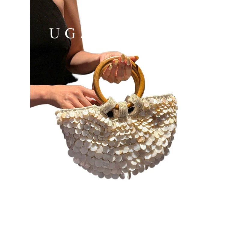 French retro hand-woven beaded sequined shell bag vegetable basket ring bucket clutch messenger bag