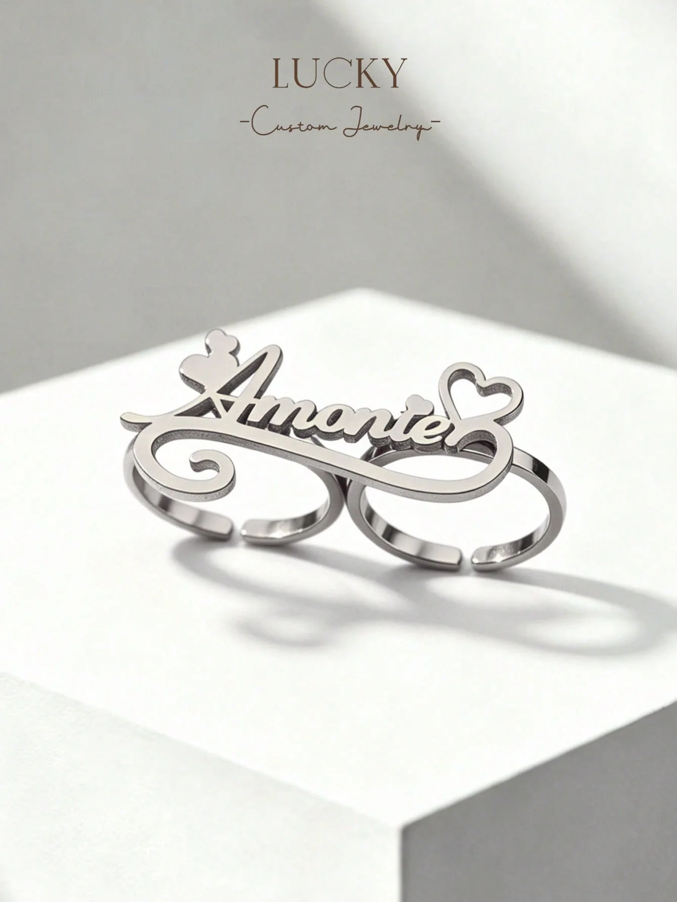 1 DIY custom women's double ring open ring, customizable name, simple daily style, product includes gift box, suitable for women