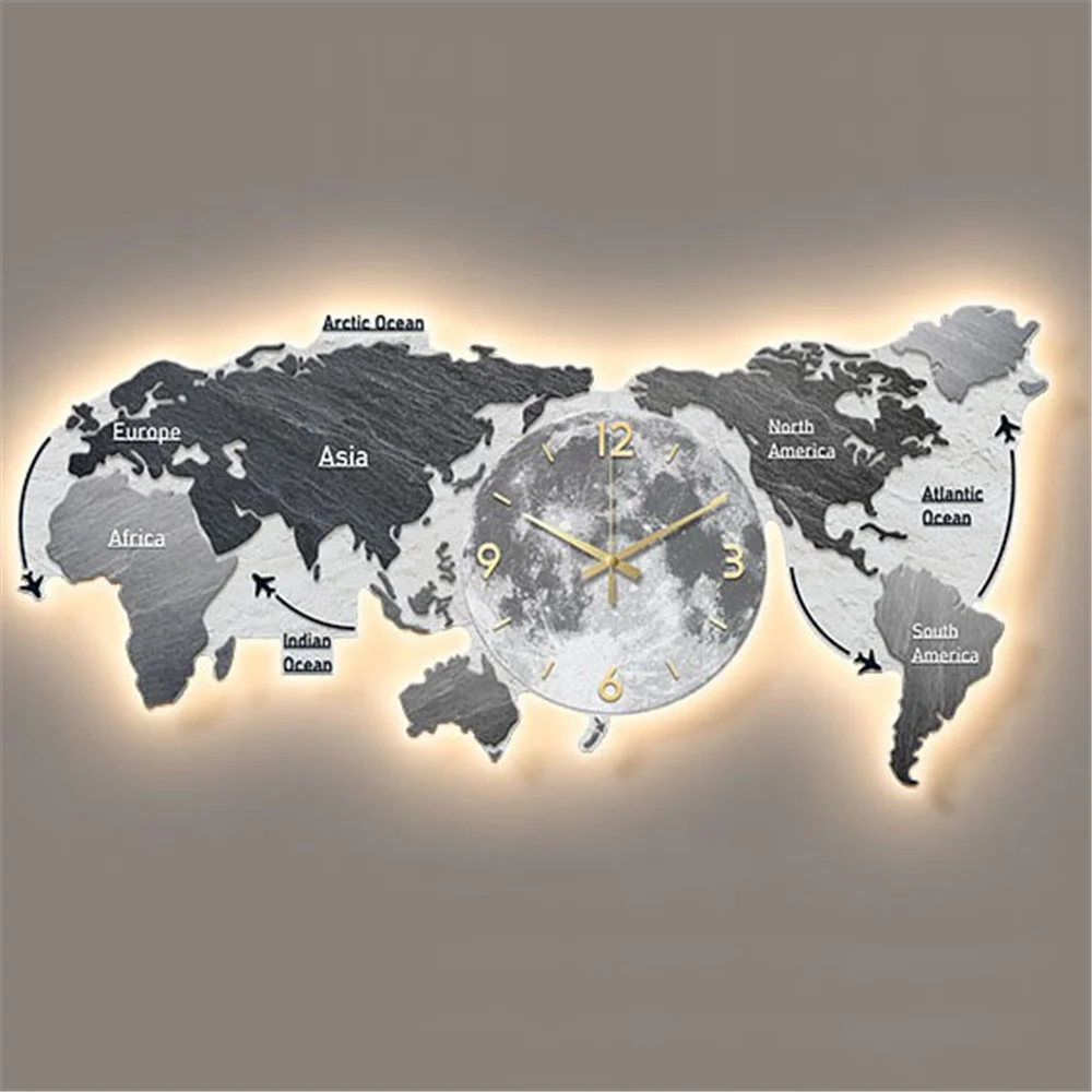 Nordic Minimalism World Map Clock Led Wall Lamp Living Room Mural Sofa Background Hanging Painting Study Office Cafe Night Light