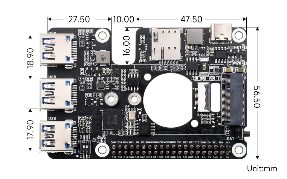 PCIe TO 4G/5G M.2 USB3.2 HAT+,For Raspberry Pi 5, With SIMCom/Quectel 4G/5G Modules, With 5G-4IN1-PCB Antenna,Raspberry Pi 5 HAT