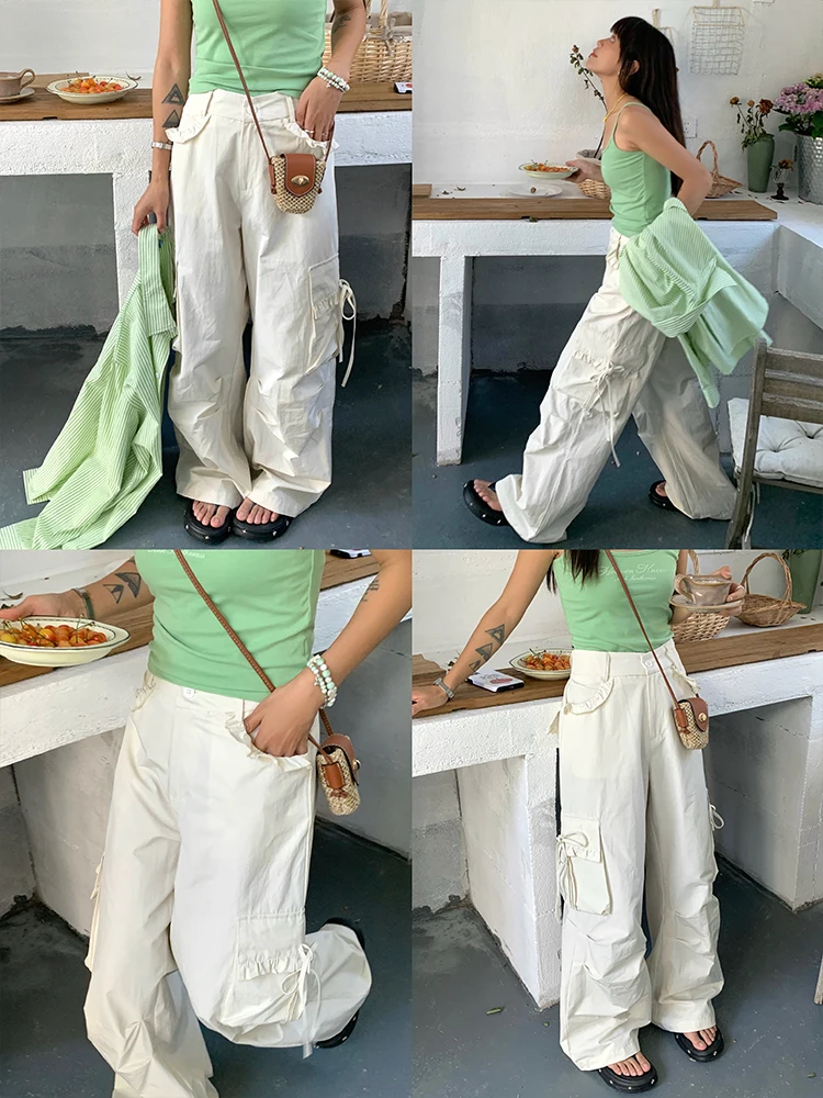 

Корейские повседневные брюки для девочек, широкие брюки-палаццо, рабочие брюки с узлом и карманами, плиссированные, с завышенной талией