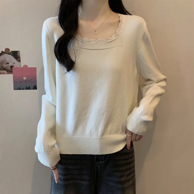 Primavera Faion talla grande mujer tejido irt adorno Floral empalme cuello cuadrado suelto coreano Sle adelgazante Boting irt