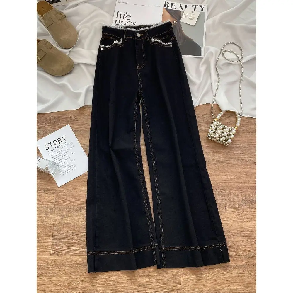 Czarne dżinsy z szerokimi nogawkami i koronkowym wykończeniem, damskie, letni trend, cienkie, szerokie, duży rozmiar, uniwersalne, szerokie spodnie z wysokim stanem, proste dżinsy.