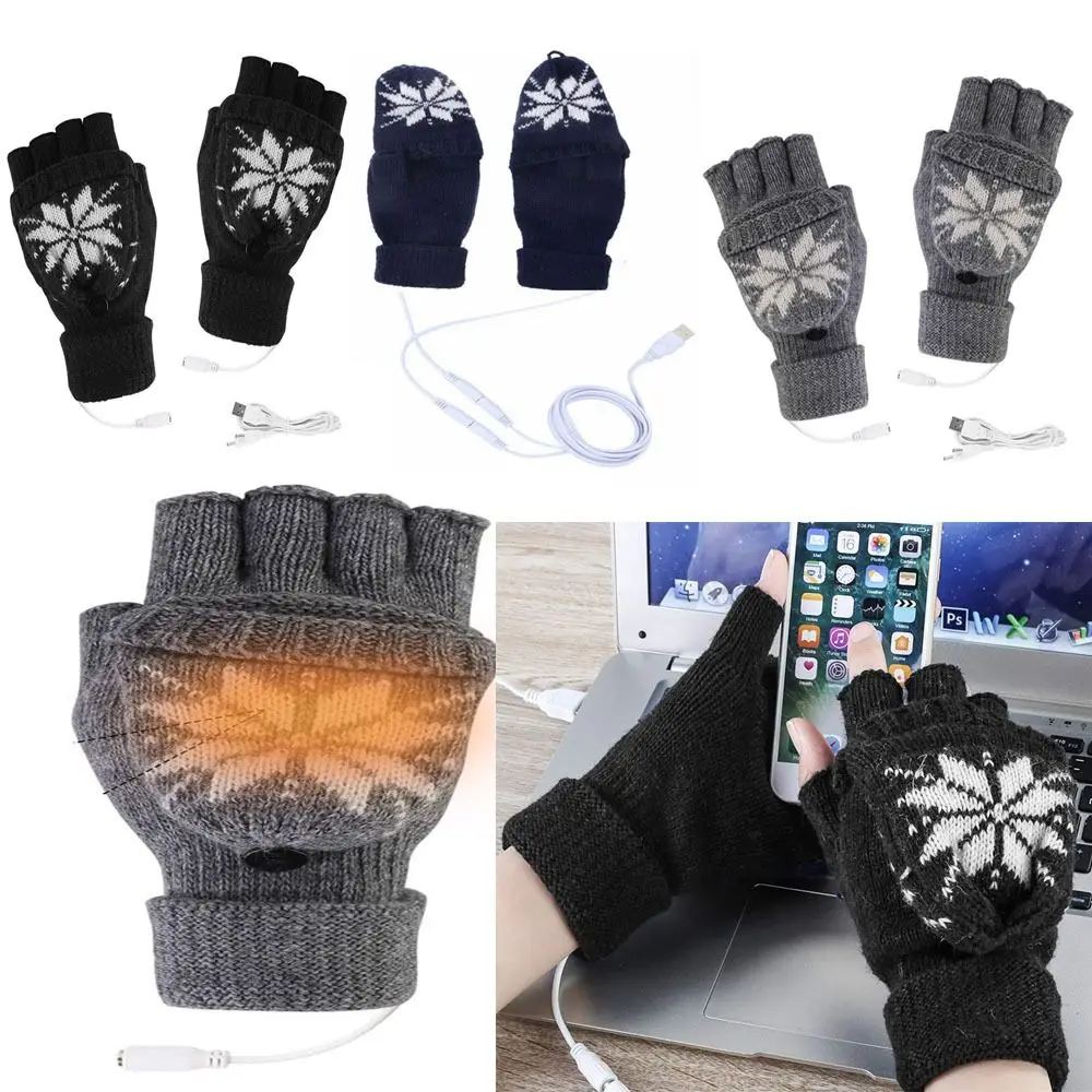 Autumn and Winter USB Double-sided Heated Gloves Women Winter Glove Knitting Half Finger Flip Gloves Men Women Warmer Mitten