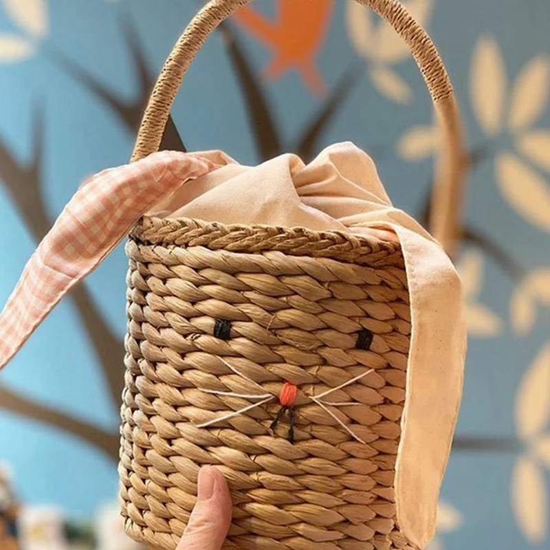 2X Rattan Bucket Bag For Children's&Adults,Beach Straw Bag,Shoulder Messenger Basket Bag,Handbag With Bunny Ears