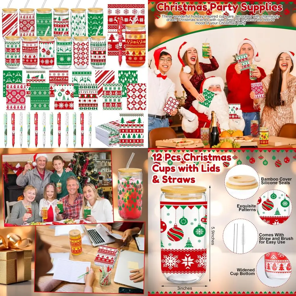 

Bulk 16 oz Glass Mugs Set with Lids, Straws, Xmas Notebook, Sticky Notes, and Pens for Employee Holiday Appreciation Gifts