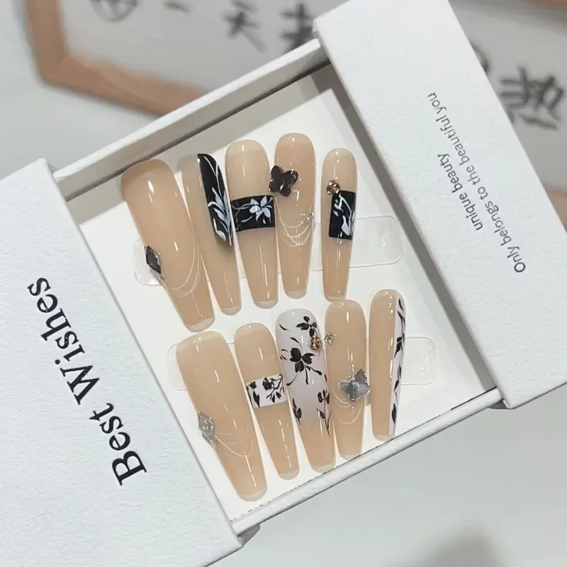 

Накладные ногти с полным покрытием, накладные ногти, съемные ногти ручной работы, чистый длинный маникюр, премиум-класса, телесный бриллиант