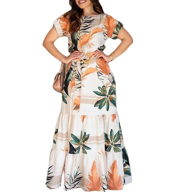 High Waist Floral Flower Printed Casual Fashion Loose Women Long Maxi Dress Short Sleeve Belt Dress